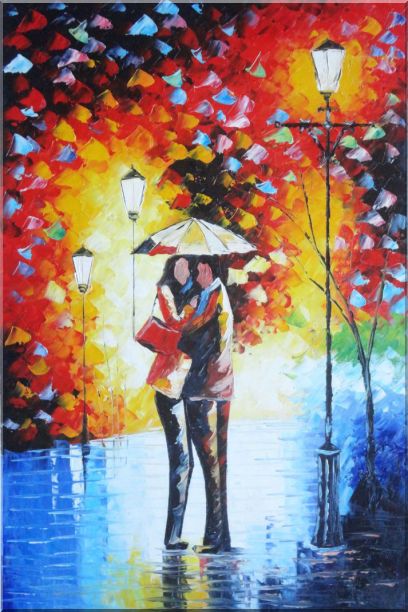 408x612 Framed Lovers Hug Under Umbrella On Rainy Day Street - Painting Of Couple Under Umbrella