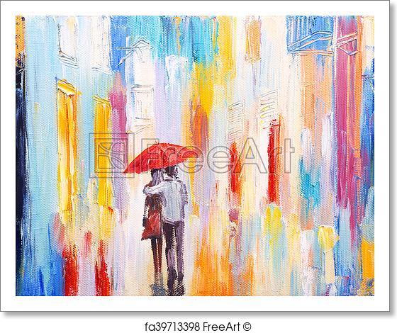 560x470 Free Art Print Of Couple Is Walking In The Rain Under An Umbrella - Painting Of Couple Under Umbrella