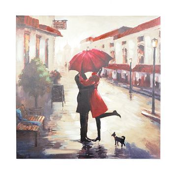 358x358 Rainy Day Autumn Red Umbrella Romantic Couple Poster Red - Painting Of Couple Under Umbrella
