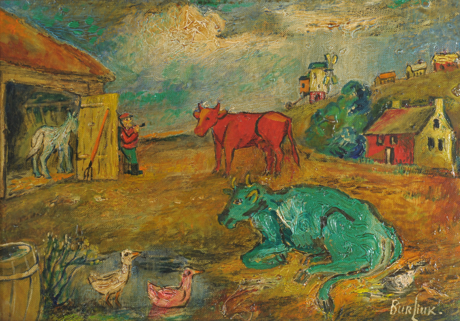 1548x1080 Lot 155 David Burliuk Painting Of Farm With Cows - Painting Of Farm