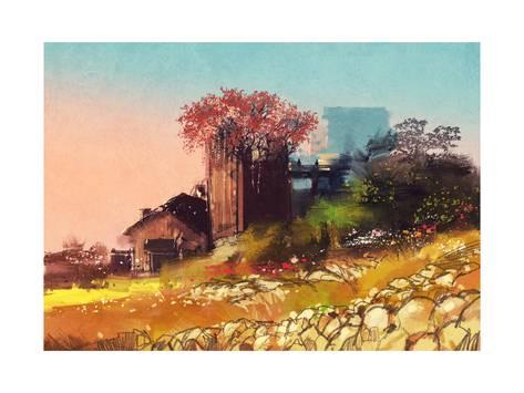 473x355 Painting Of Farm House On The Country Side,illustration Art By - Painting Of Farm