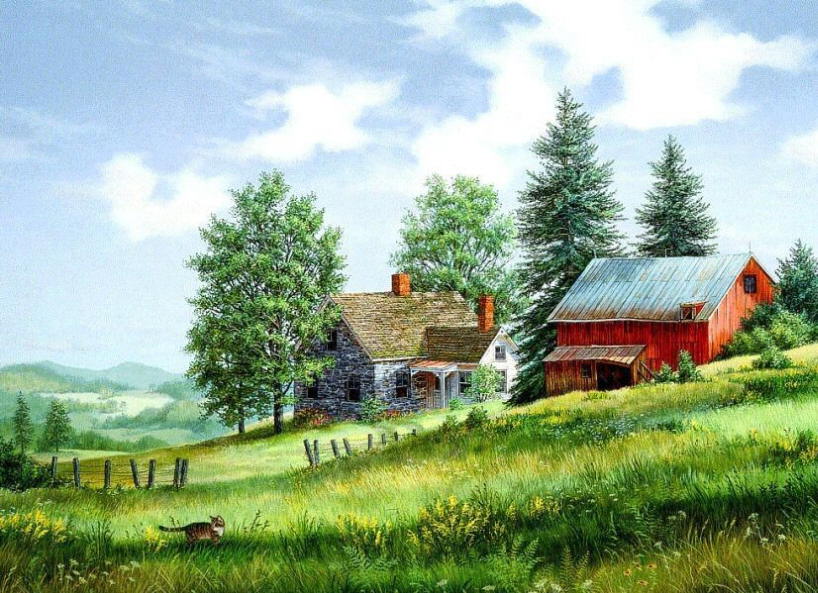 818x593 Summer Cat Paintings. Fred Swan - Painting Of Farm