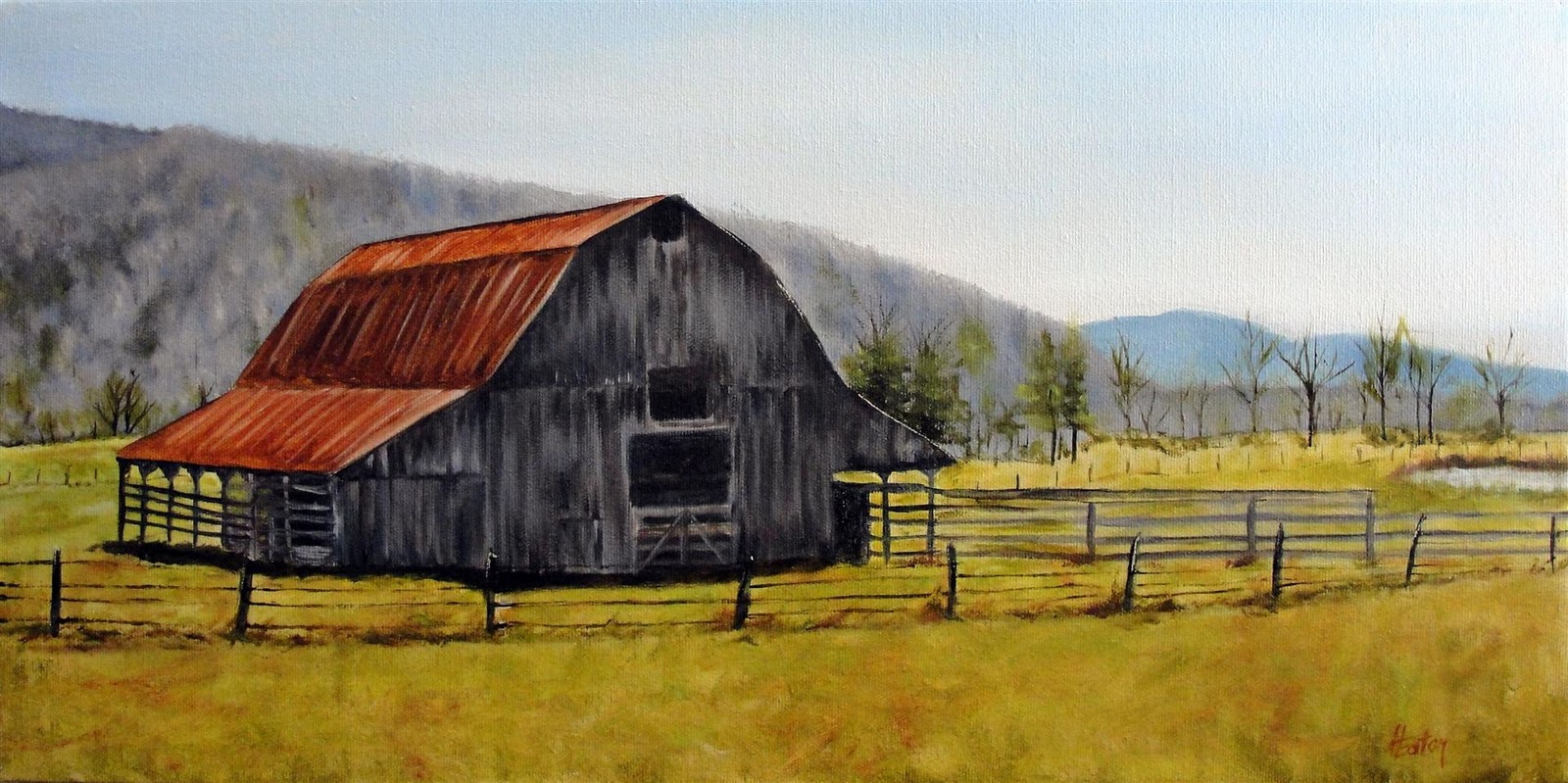 1600x799 Word Weaver Art Barn By The Pond - Painting Of Farm Scenes