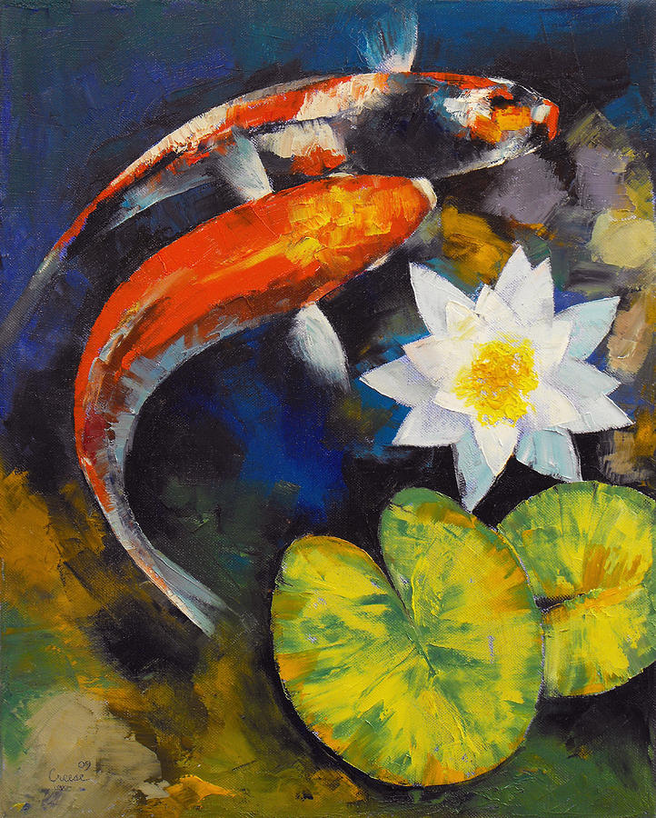 722x900 Koi Fish And Water Lily Painting By Michael Creese - Painting Of Fish In Water