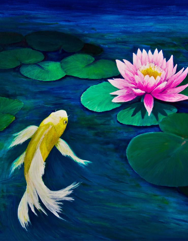 740x945 Koi Fish With Pink Water Lily Painting Wall Mural. - Painting Of Fish In Water