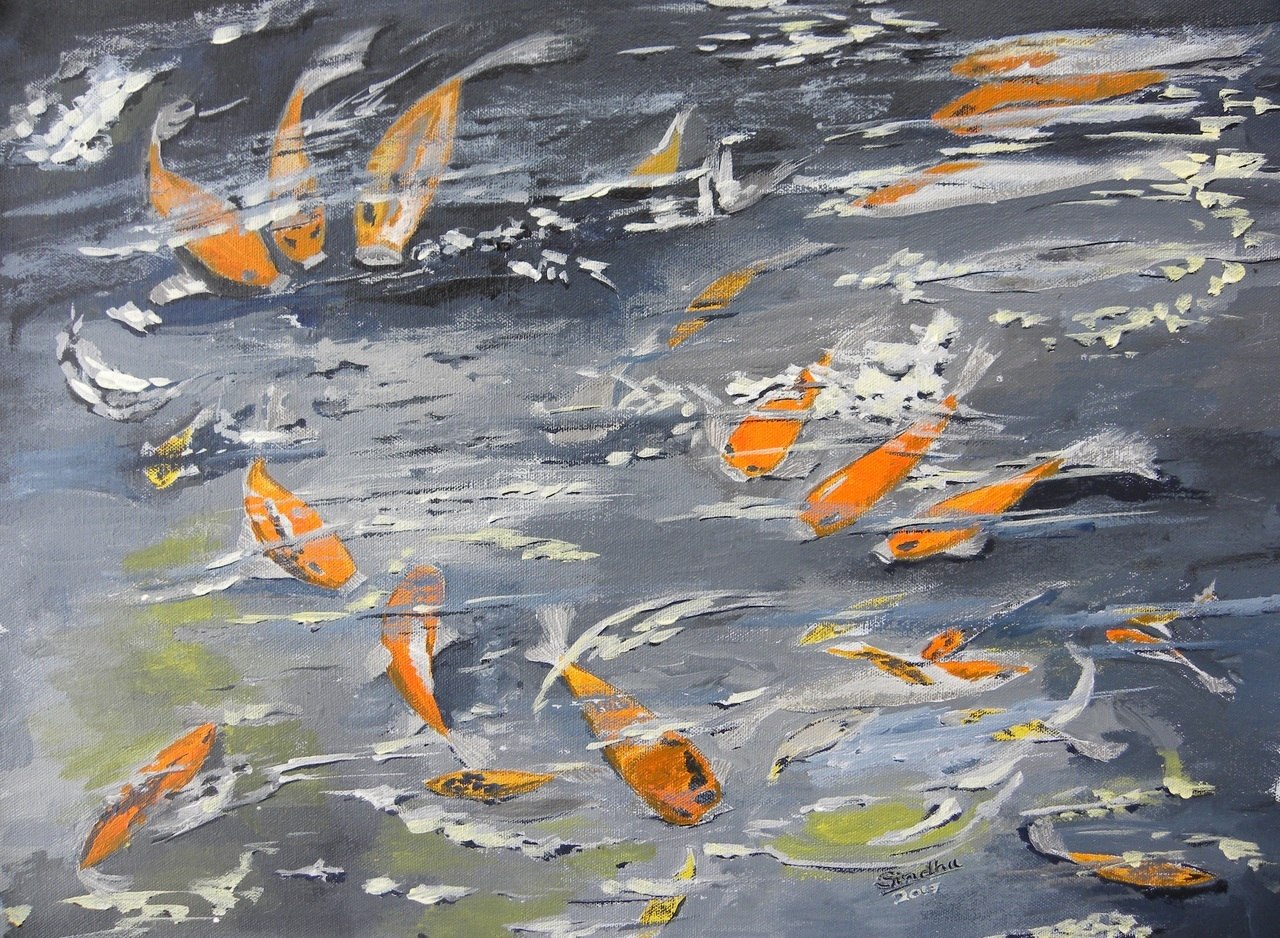 1280x938 Buy Fishes In The Pond Handmade Painting By Sindhulina C. Code - Painting Of Fish In Water