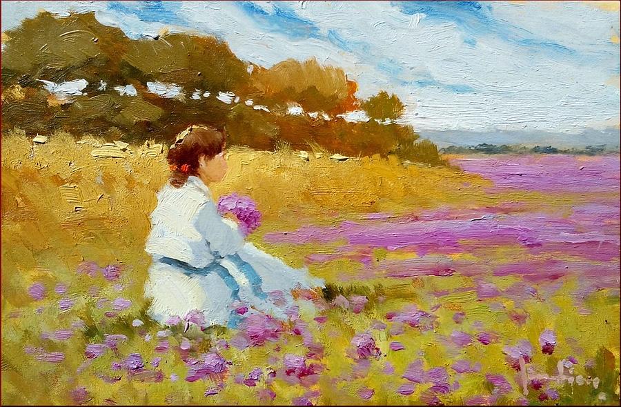 900x590 Girl On Flowers Field - Painting Of Girl In A Field