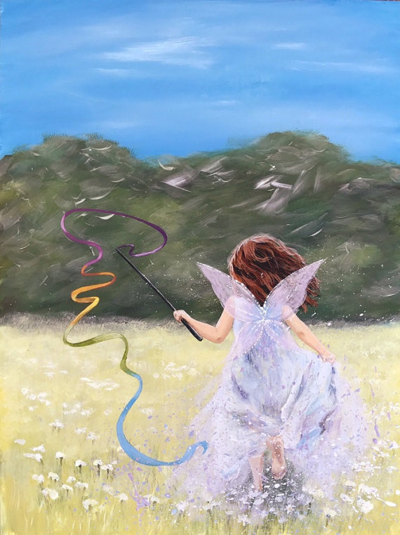 570x762 Butterfly Wings Painting Little Girl Running In A Field - Painting Of Girl In A Field