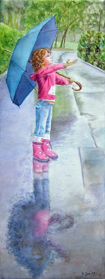 215x567 Girl In Rain With Umbrella - Painting Of Girl In Rain