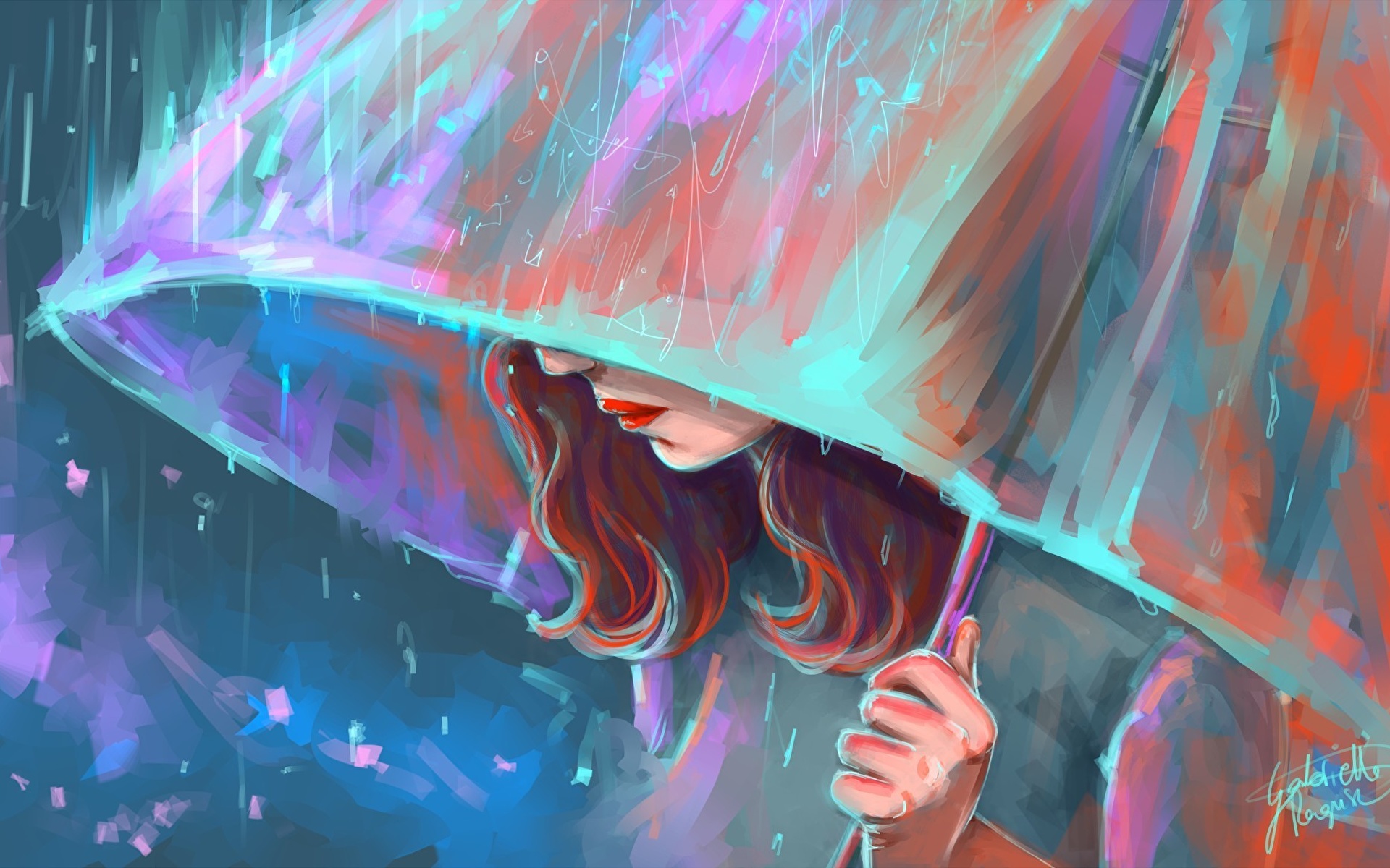 1920x1200 Images Girls Rain Parasol Painting Art 1920x1200 - Painting Of Girl In Rain