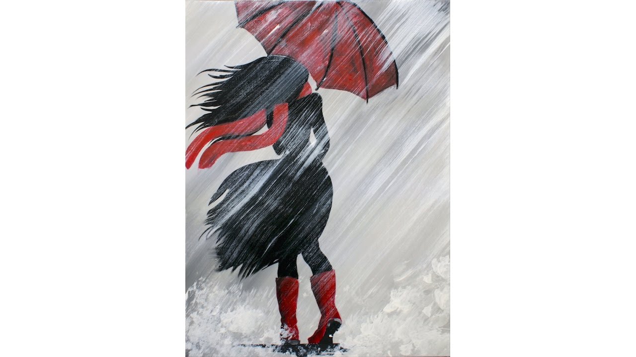 1280x720 A Girl Walking In The Rain Acrylic Painting On Canvas - Painting Of Girl In Rain