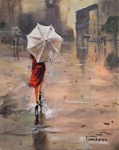 239x300 New Leon Goodman Original Oil First Dates Girl In Red London - Painting Of Girl In Rain