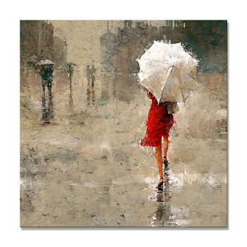 350x350 Pop Abstract Knife Red Umbrella Girl In Rain Painting - Painting Of Girl In Rain