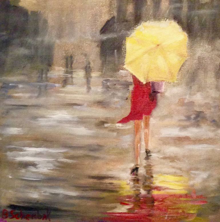 770x777 Saatchi Art Girl With A Yellow Umbrella 3sold Painting By Bill - Painting Of Girl With Umbrella
