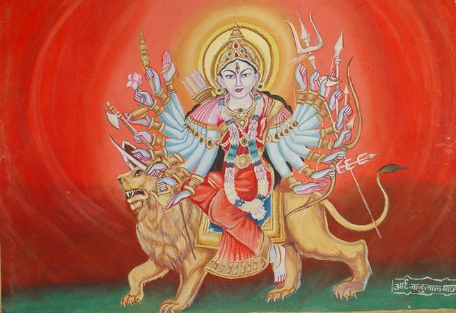 655x450 Folk Painting Of Goddess Durga From Varanasi (For Worship) - Painting Of Goddess Durga