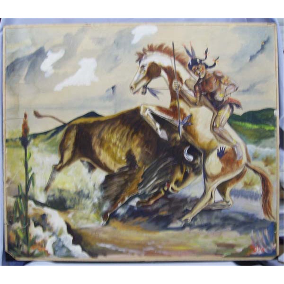 1200x1200 Buffalo Hunt Painting W Indian On Horseback - Painting Of Indian On Horseback