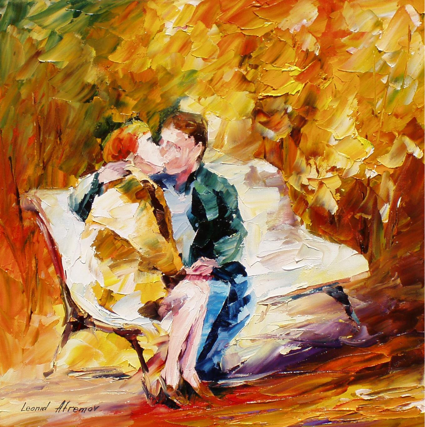 1361x1368 Kiss On The Bench Palette Knife Oil Painting On Canvas By Leonid - Painting Of Kiss