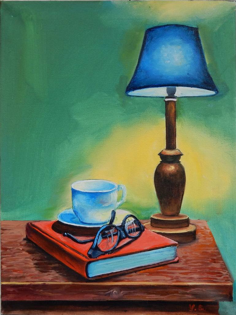 770x1027 Saatchi Art Still Life Books And Lamp. 30x40cm Painting By Vita - Painting Of Lamp
