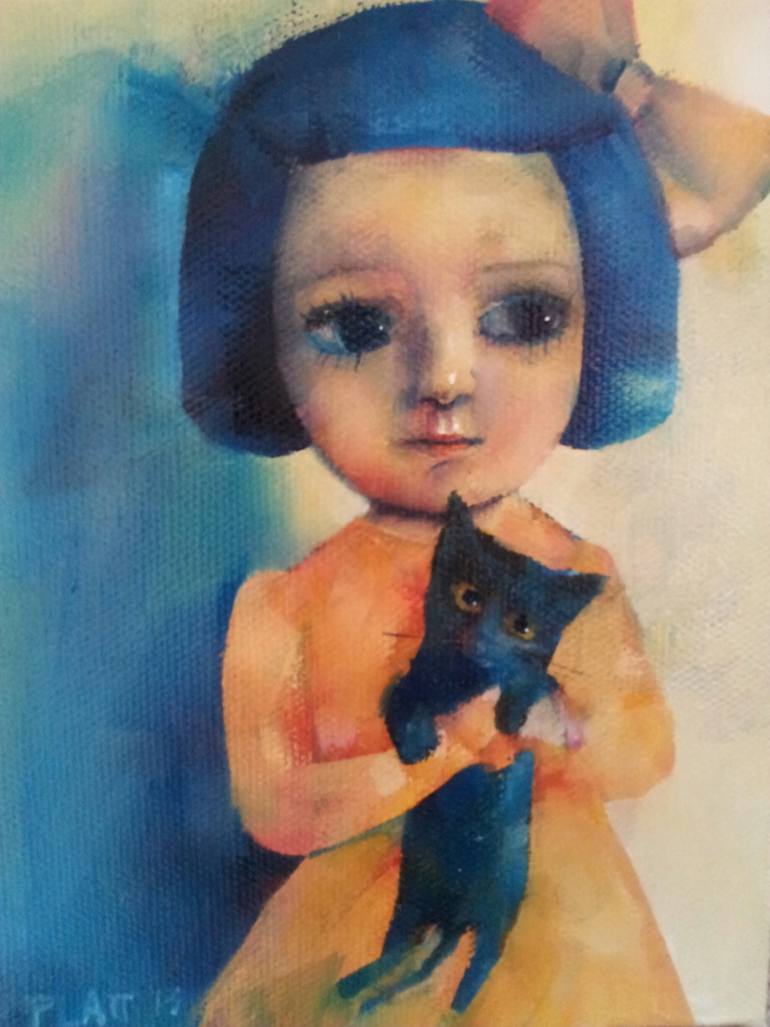 770x1027 Saatchi Art Little Girl With Black Kitten Painting By Suzy Platt - Painting Of Little Black Girl