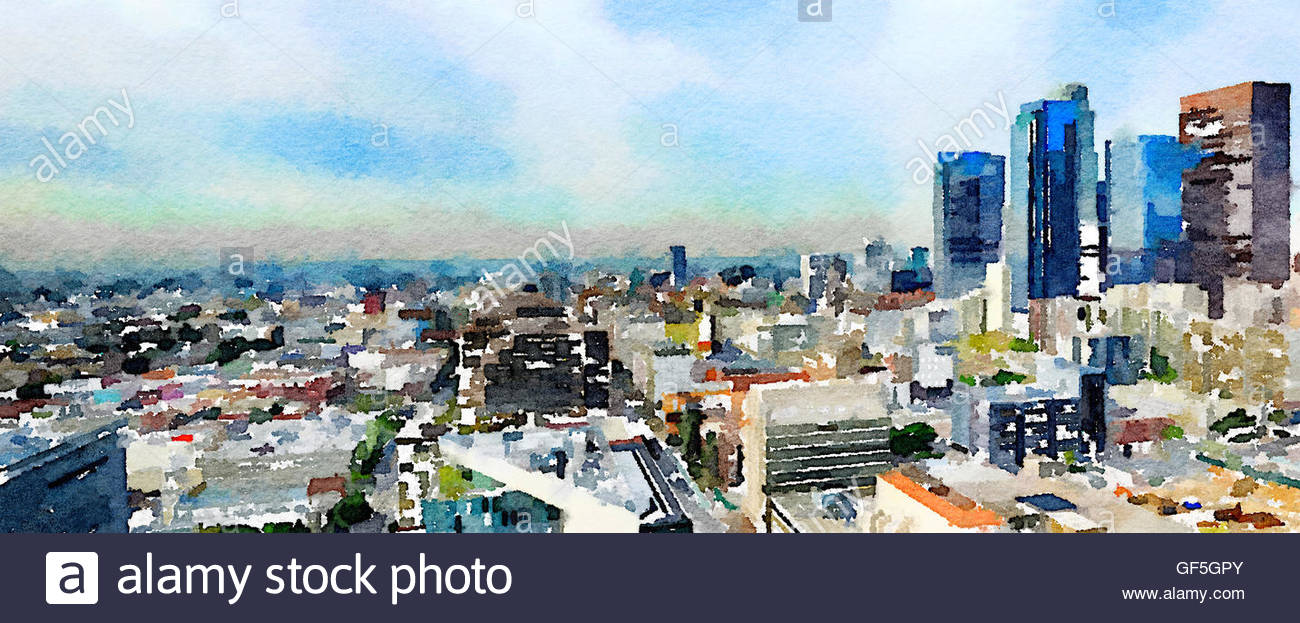1300x623 Very Nice Wide Painting Of Los Angeles From Top Of City Hall Stock - Painting Of Los Angeles