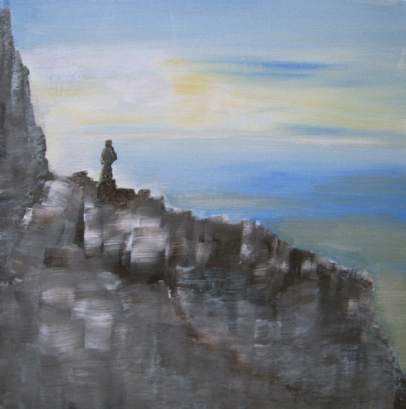 570x574 Hiker Mountain Top Painting Iceland Landscape Painting Small - Painting Of Man Looking Over Cliff