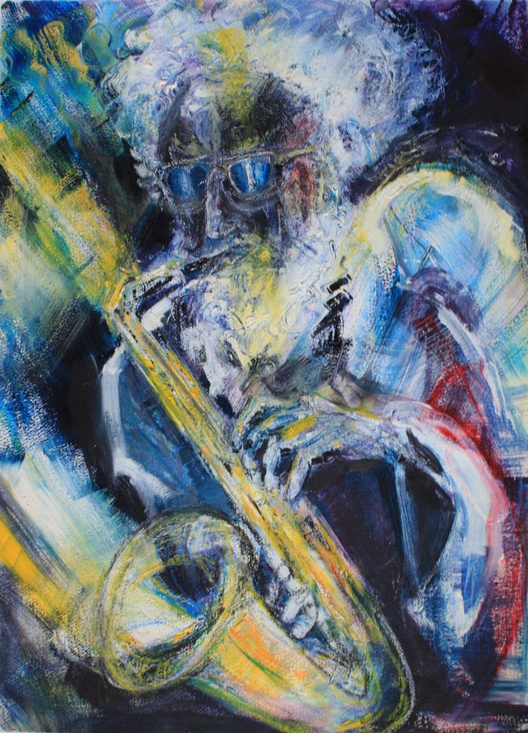 770x1069 Saatchi Art Sax Man Painting By Cliff Moppett - Painting Of Man Looking Over Cliff