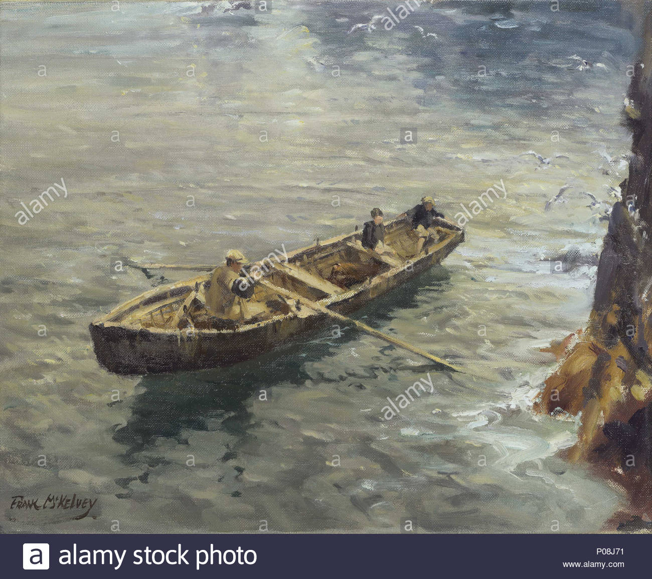 1300x1155 English A Large Curragh Of The Aran Island Type, West Of Ireland - Painting Of Man Looking Over Cliff