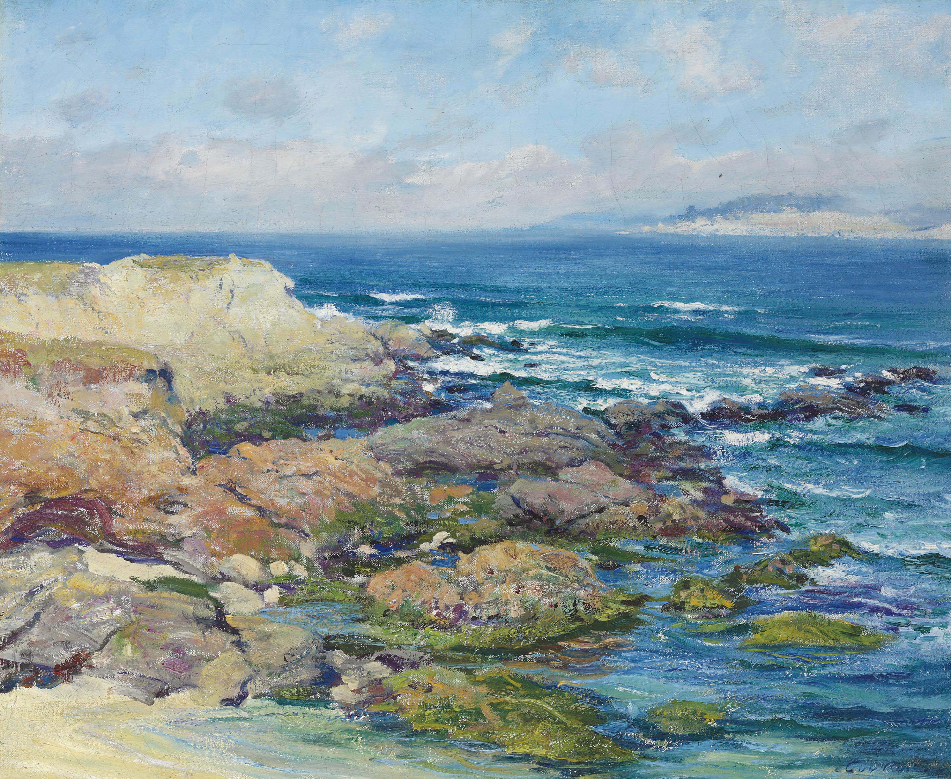 3200x2621 Guy Rose (1867 1925) Martin's Point, Carmel 20th Century - Painting Of Man Looking Over Cliff