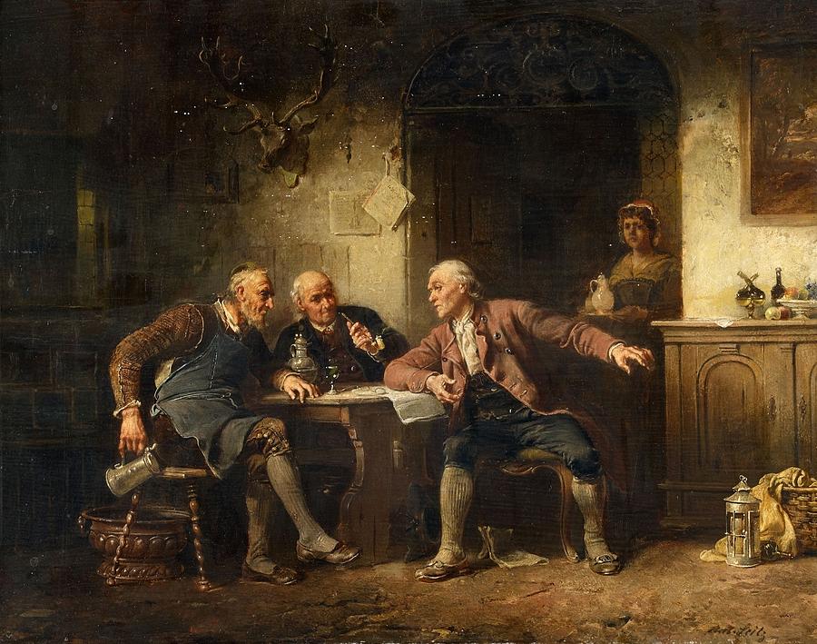 900x709 Three Men At A Table Painting By Motionage Designs - Painting Of Men