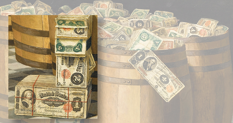 755x400 Painting Depicts Barrels Overflowing With Money Coin World - Painting Of Money