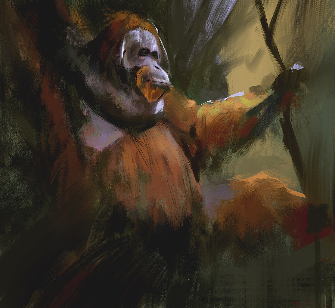 1113x1024 Wallpaper Monkeys Orangutan Animals Painting Art - Painting Of Monkeys