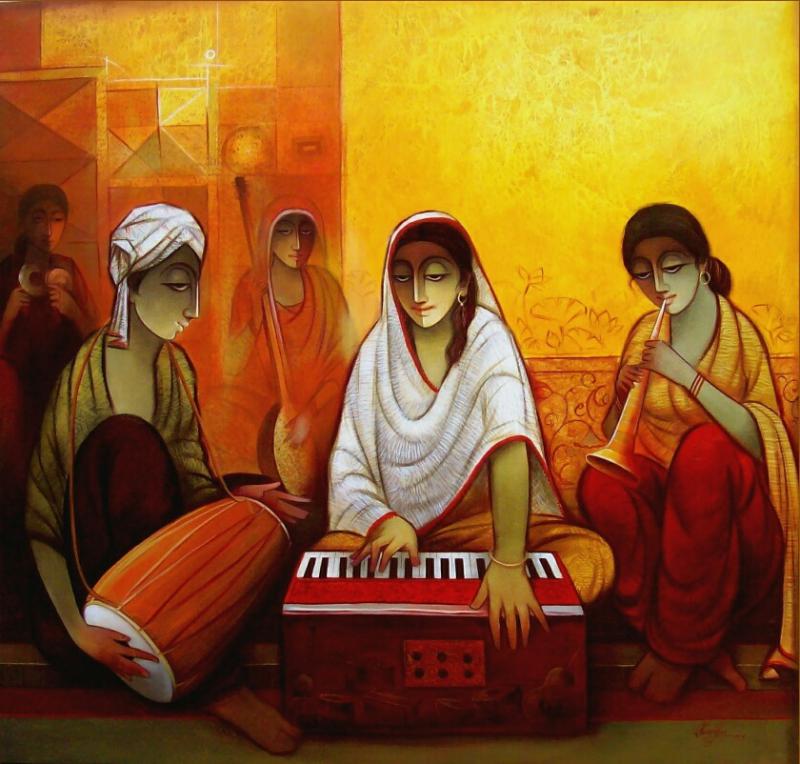 800x764 Indian Musicians By Artist Ram Onkar Figurative Art Acrylic - Painting Of Musicians