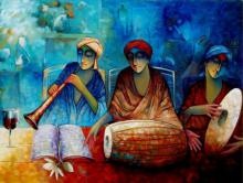 220x166 Krishna With Flute Blue By Artist Ram Onkar Figurative Art - Painting Of Musicians