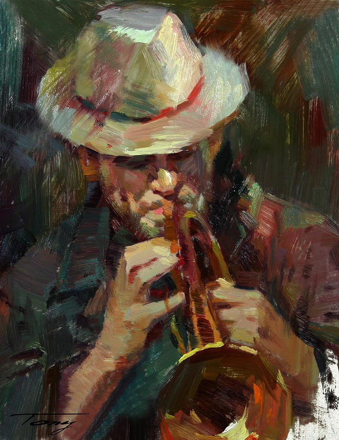 694x900 Street Musician Painting By Tony Song - Painting Of Musicians