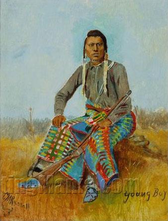 338x444 Portrait Of A Native American Young Boy With Buffalo Skull - Painting Of Native American