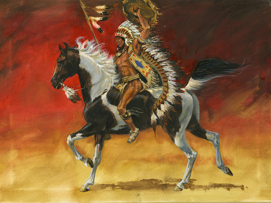 900x676 Indian Warrior Bareback Spotted Horse Painting By Don Langeneckert - Painting Of Native American Warriors