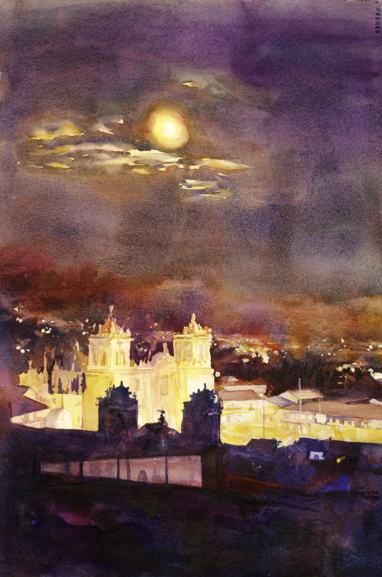 770x1164 Saatchi Art Fine Art Watercolor Painting Of Cathedral - Painting Of Night