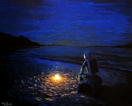 555x444 Did An Acrylic Painting Of An Astronaut On The Beach - Painting Of Night