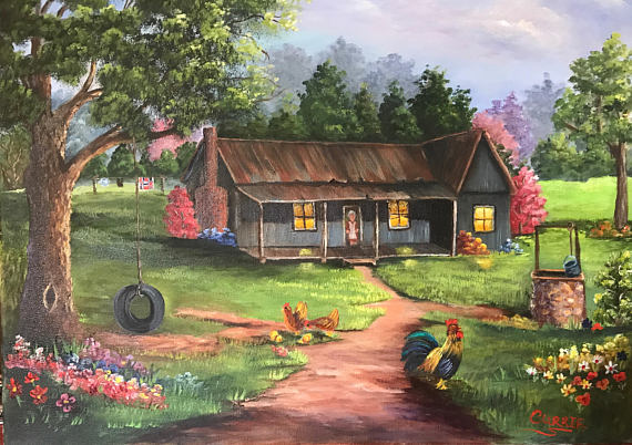 570x402 Old Farmhouse Oil Painting Tire Swing Water Well Rooster - Painting Of Old Farmhouses