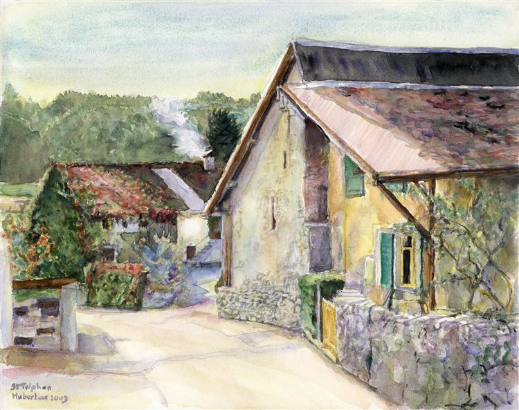 750x593 Old Farmhouse In The Swiss Village Of Saint Triphon, Watercolor - Painting Of Old Farmhouses