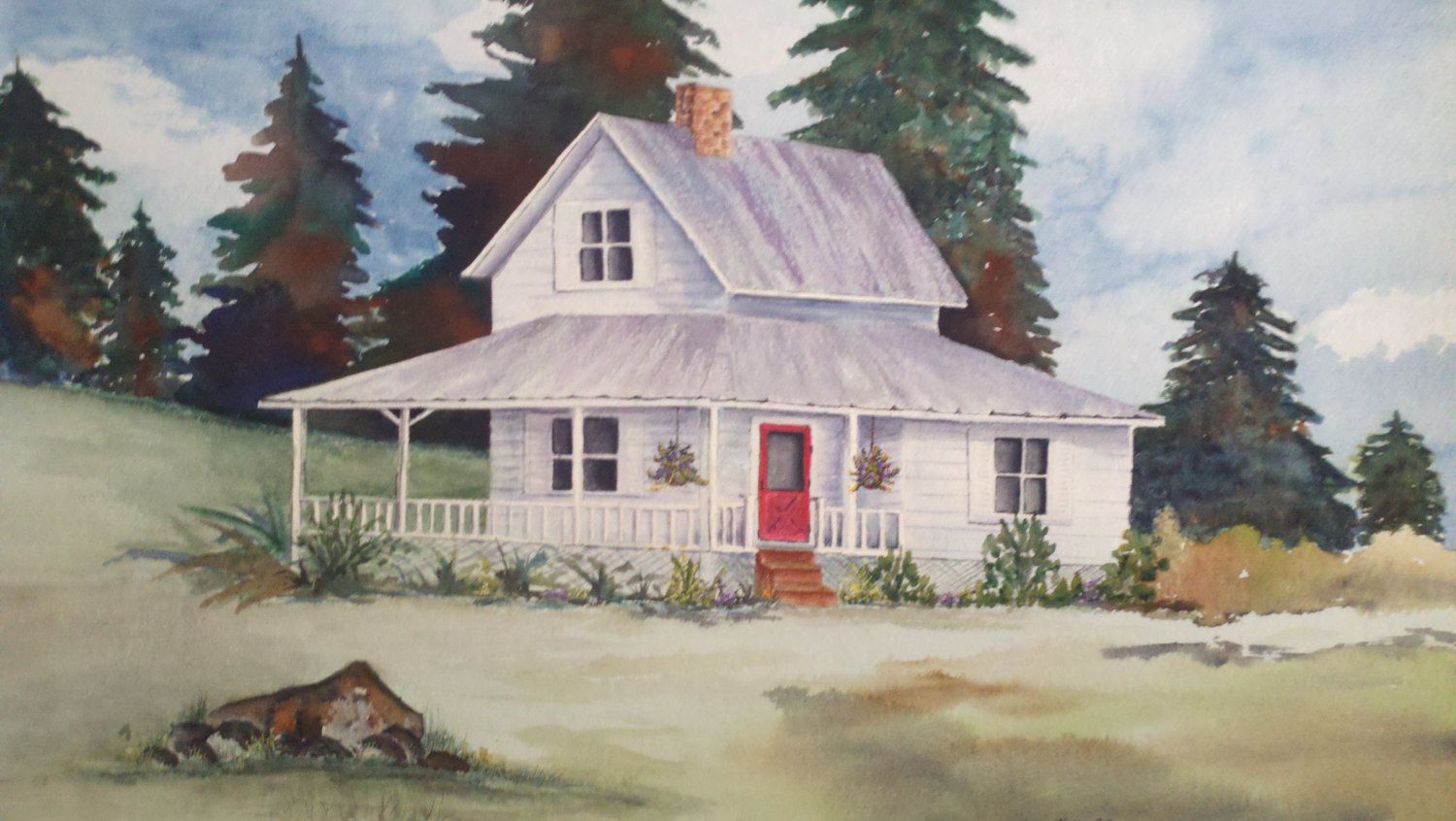 1500x846 Watercolor Print, Old White Farm House With Red Door - Painting Of Old Farmhouses