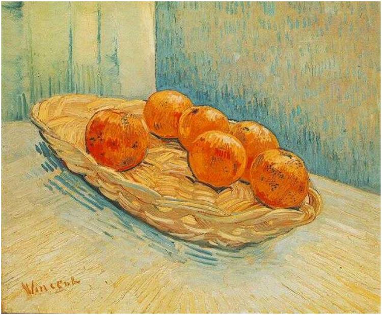 750x620 Still Life With Basket And Six Oranges By Vincent Van Gogh - Painting Of Oranges
