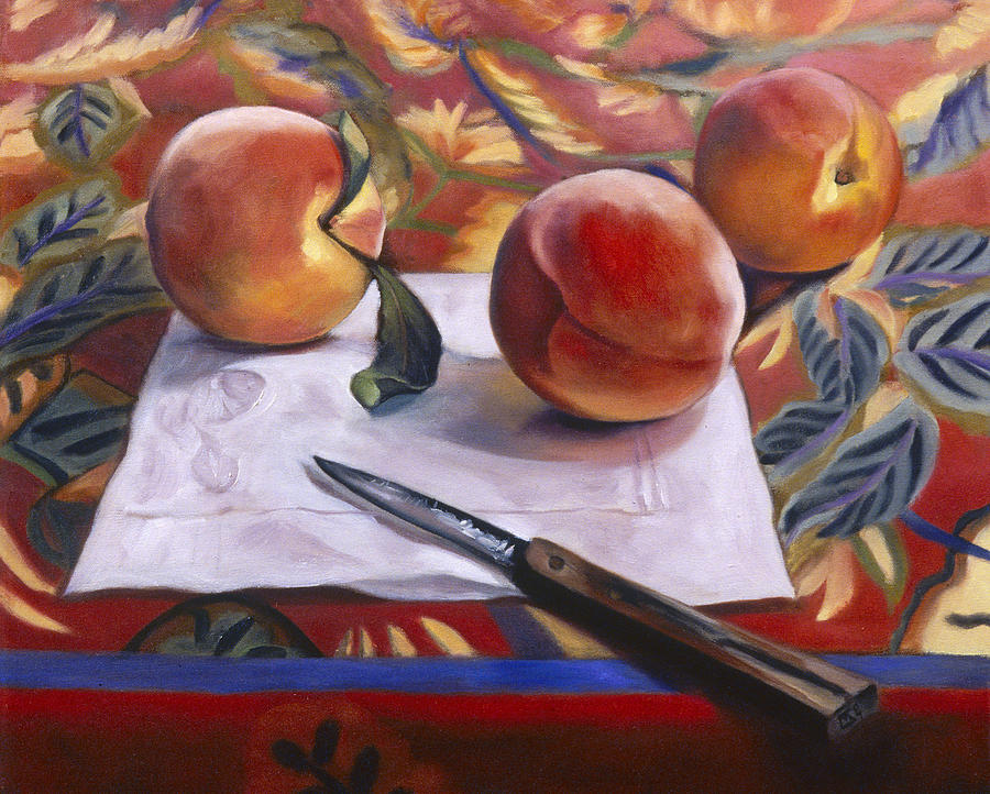 900x722 Three Peaches A Paper Napkin And A Knife Painting By Mary Gingrich - Painting Of Peaches