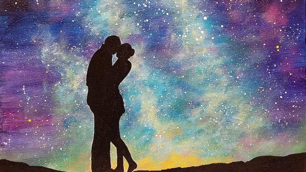 1280x720 Easy Galaxy Acrylic Painting Lovers Under A Starry Night Sky - Painting Of People Kissing