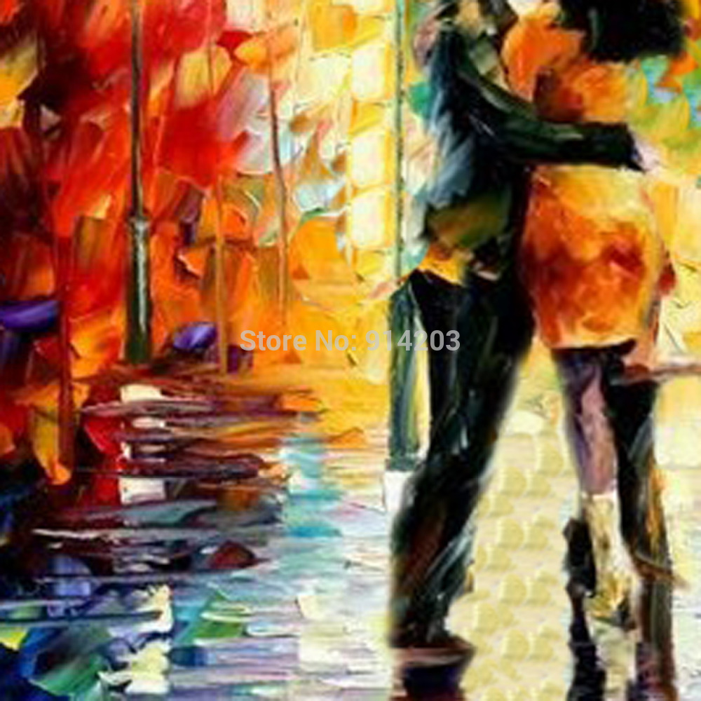 1000x1000 Hand Painted Knife Oil Painting People Lovers Kissing In The Rain - Painting Of People Kissing