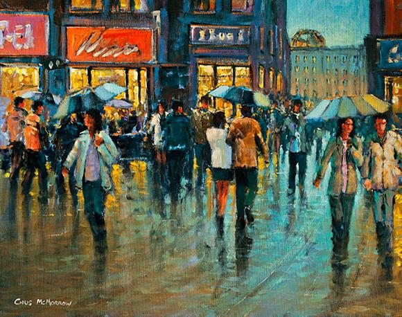 580x458 Painting Print Of Couple Under An Umbrella On Grafton Street, Dublin - Painting Of People Walking