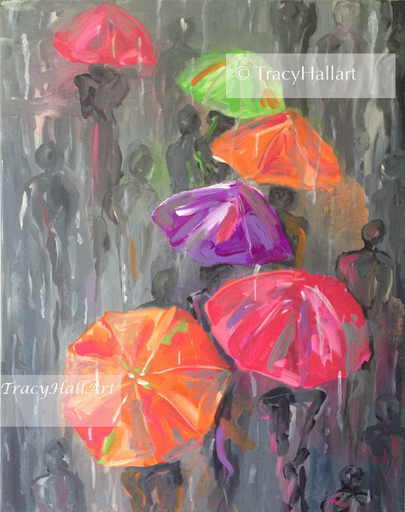 570x721 Spring Painting Umbrellas People Walking In Rain Gray Pink - Painting Of People Walking