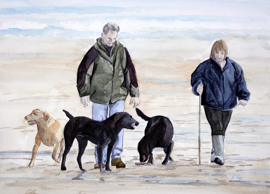 900x649 Walking The Labs Painting By John Cox - Painting Of People Walking