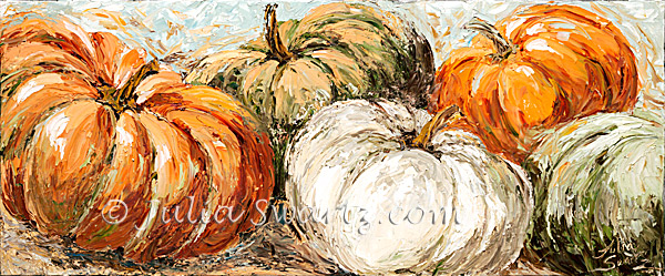 600x249 Julia Swartz Fine Art Gallery Five Pumpkins Landscape Oil Painting - Painting Of Pumpkins