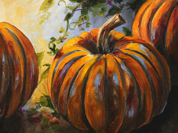 722x540 Texas Contemporary Fine Artist Laurie Pace Pumpkins On A Vine By - Painting Of Pumpkins